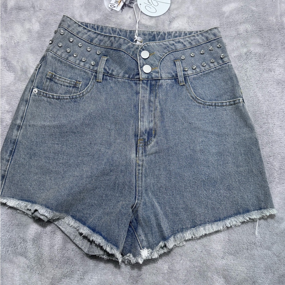 CLOUD TEN S BEING‎ BLING FRINGE SHORTS CUTOFF DENIM HI WAIST RHINESTONES SEQUINS